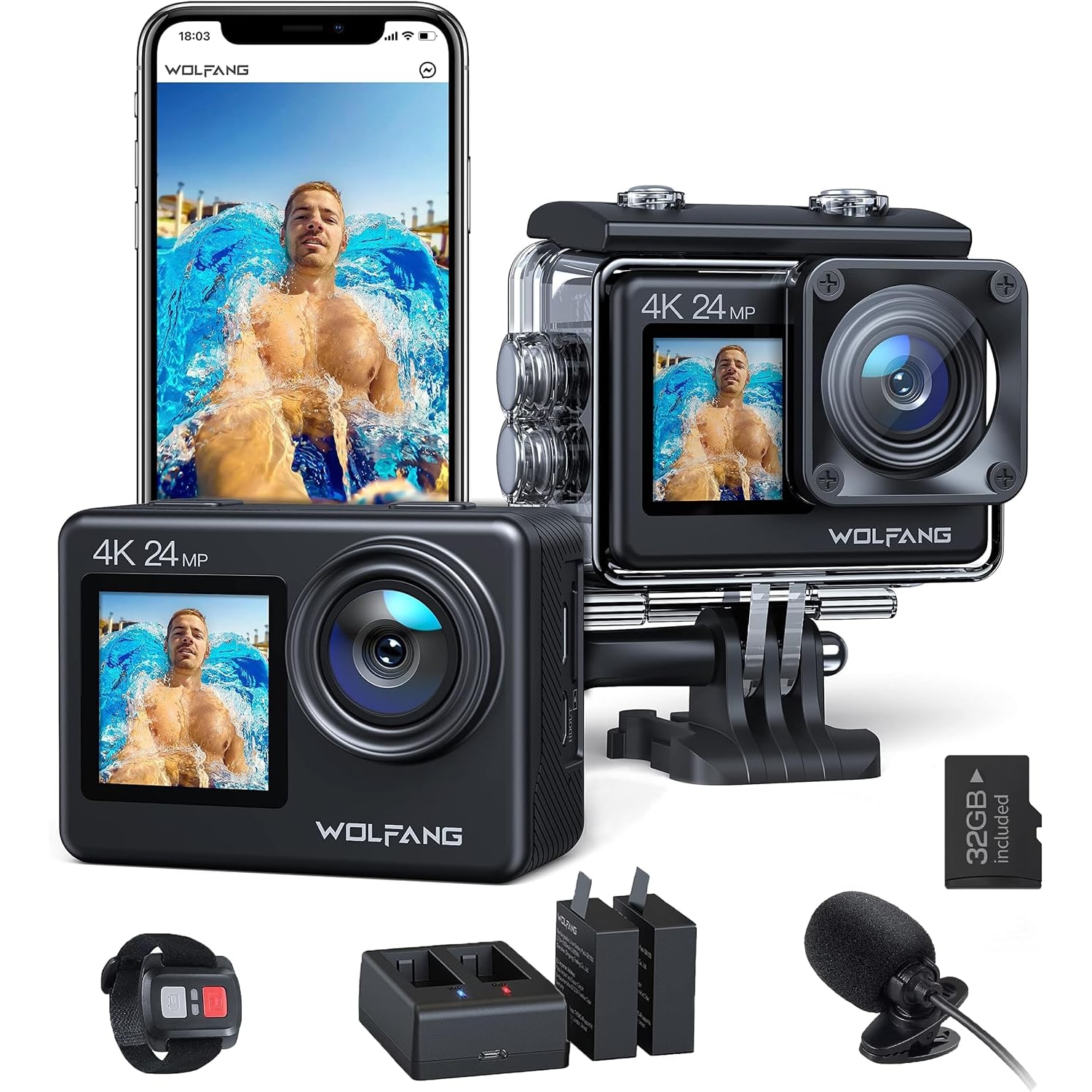 4K Dual Screen Action Camera with 40 m Waterproof Case
