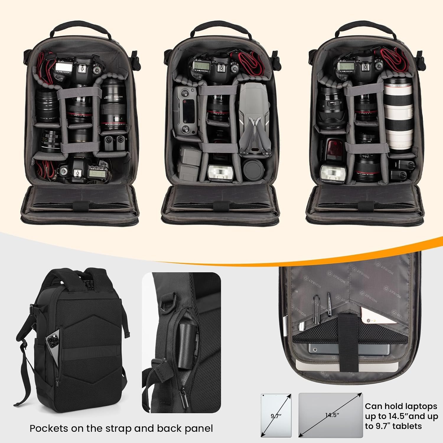 Hard Shell Camera Backpack with 14.5 Inch Laptop Sleeve and Rain Cover