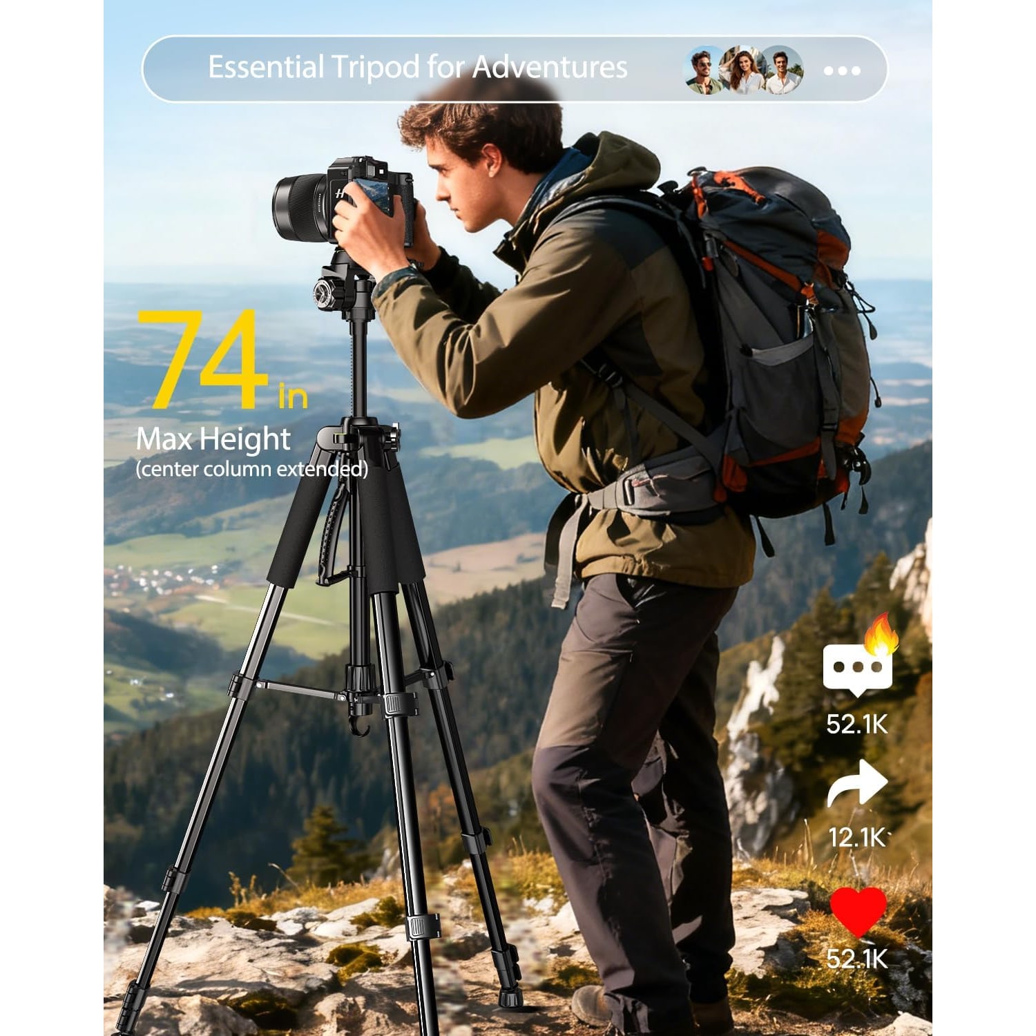 188cm Camera Tripod with Phone Holder, Remote and Carry Bag: image 2