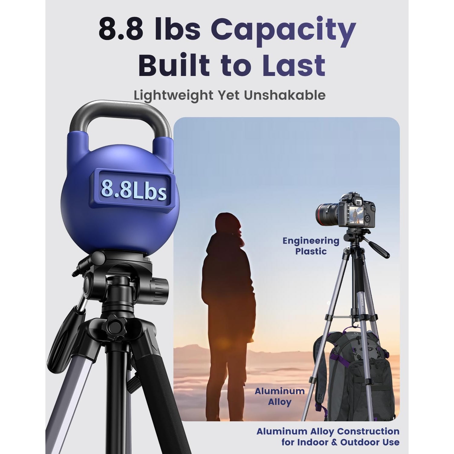 188cm Lightweight Camera Tripod with 3-Way Pan Head and Phone Mount: image 2
