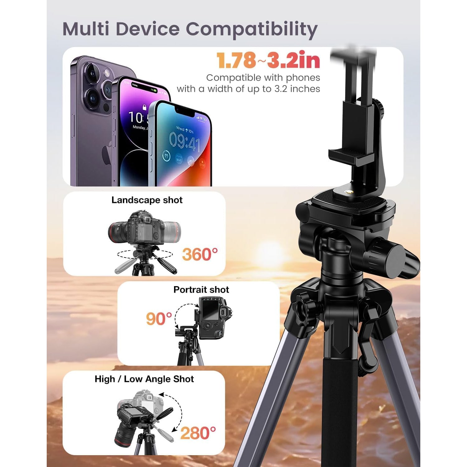 188cm Lightweight Camera Tripod with 3-Way Pan Head and Phone Mount: image 5