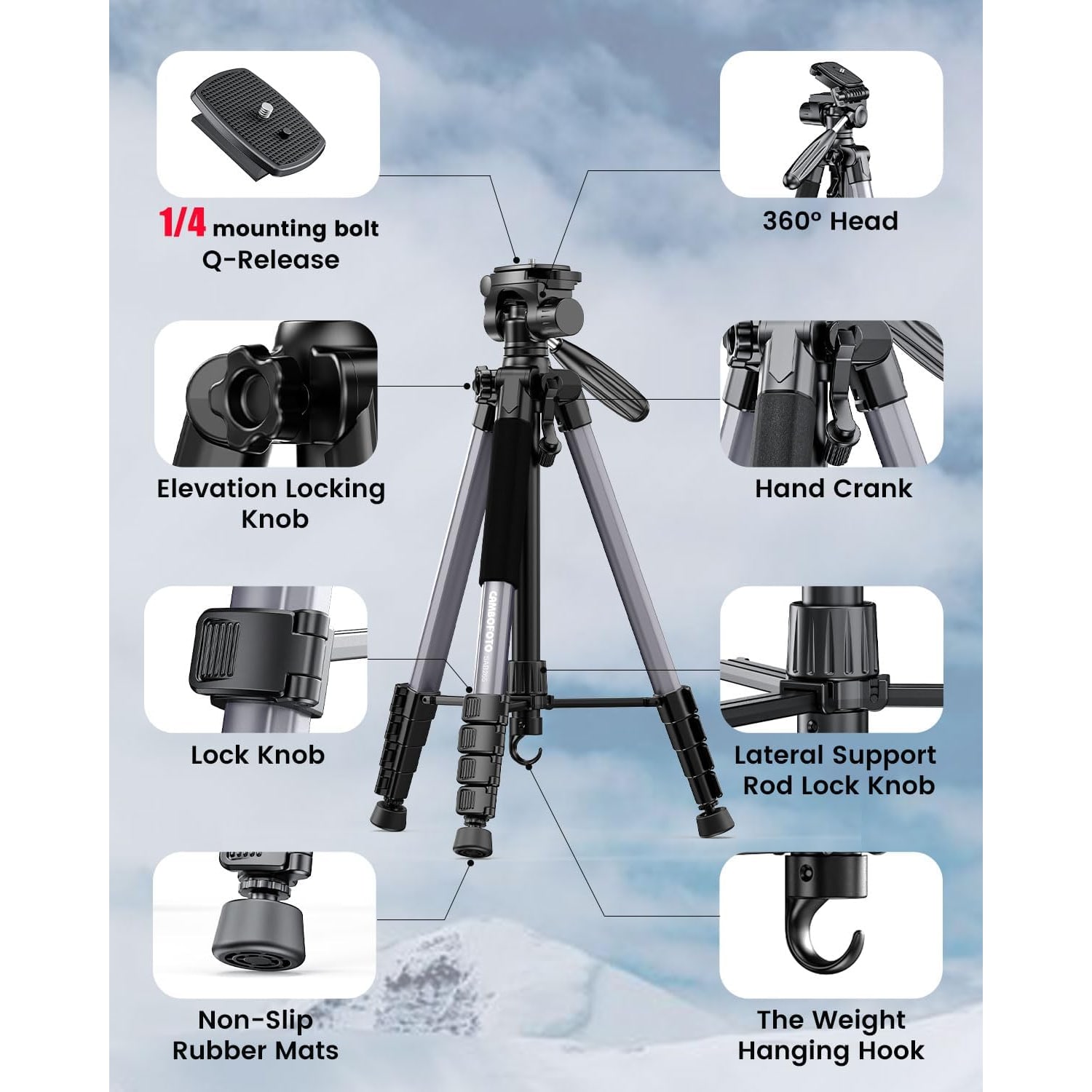 188cm Lightweight Camera Tripod with 3-Way Pan Head and Phone Mount: image 6