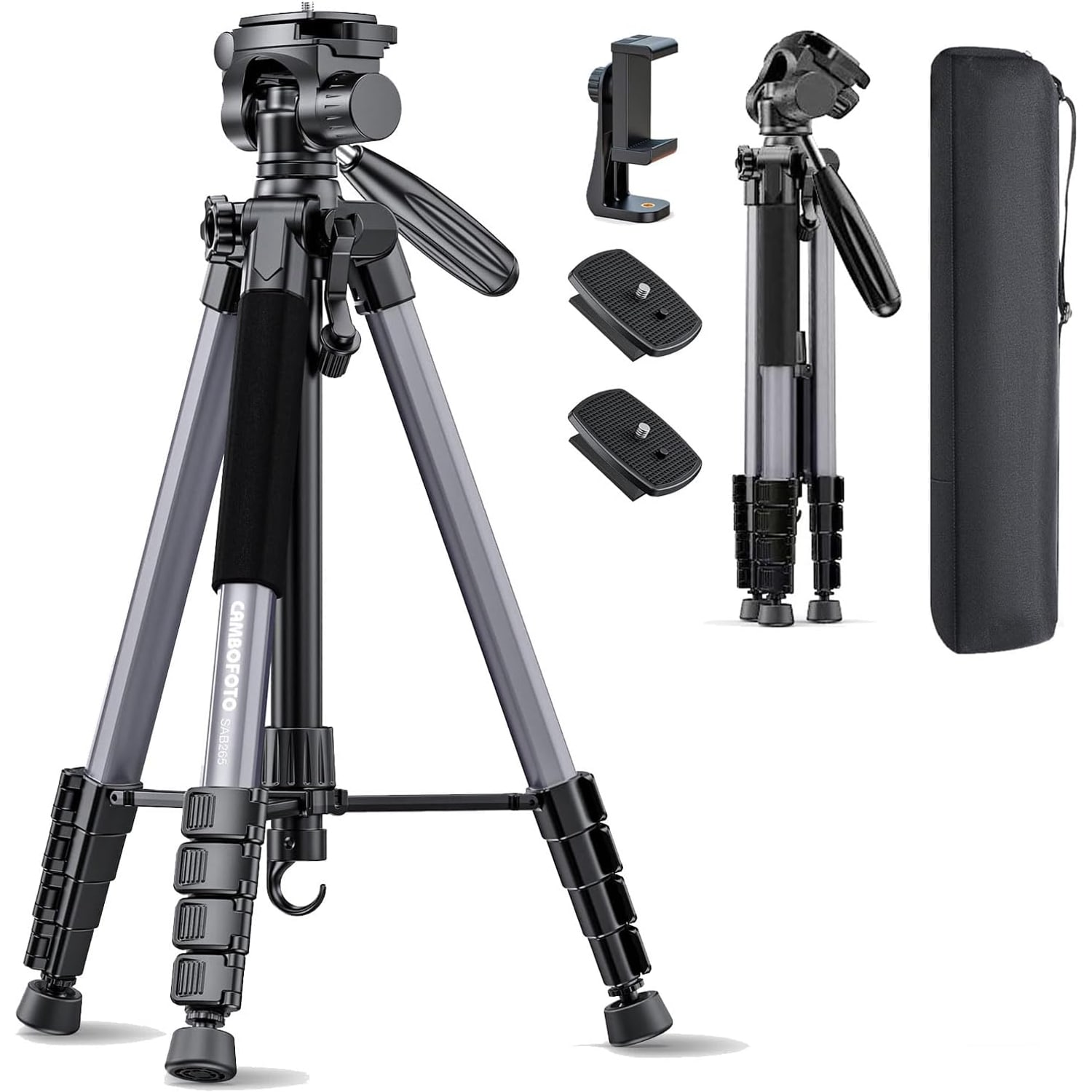 188cm Lightweight Camera Tripod with 3-Way Pan Head and Phone Mount