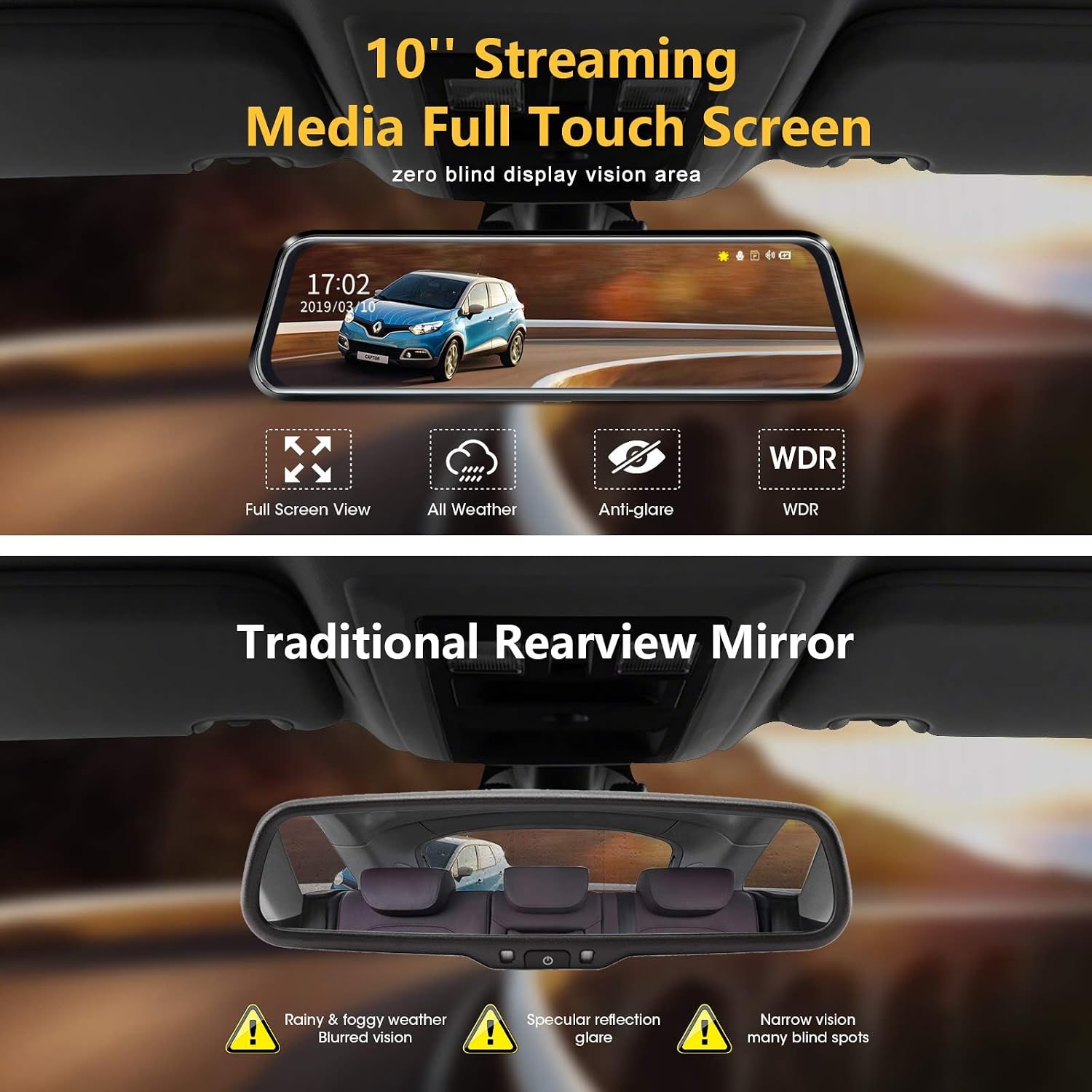 10 Inch Mirror Dash Cam with 1080p Front and Rear Cameras