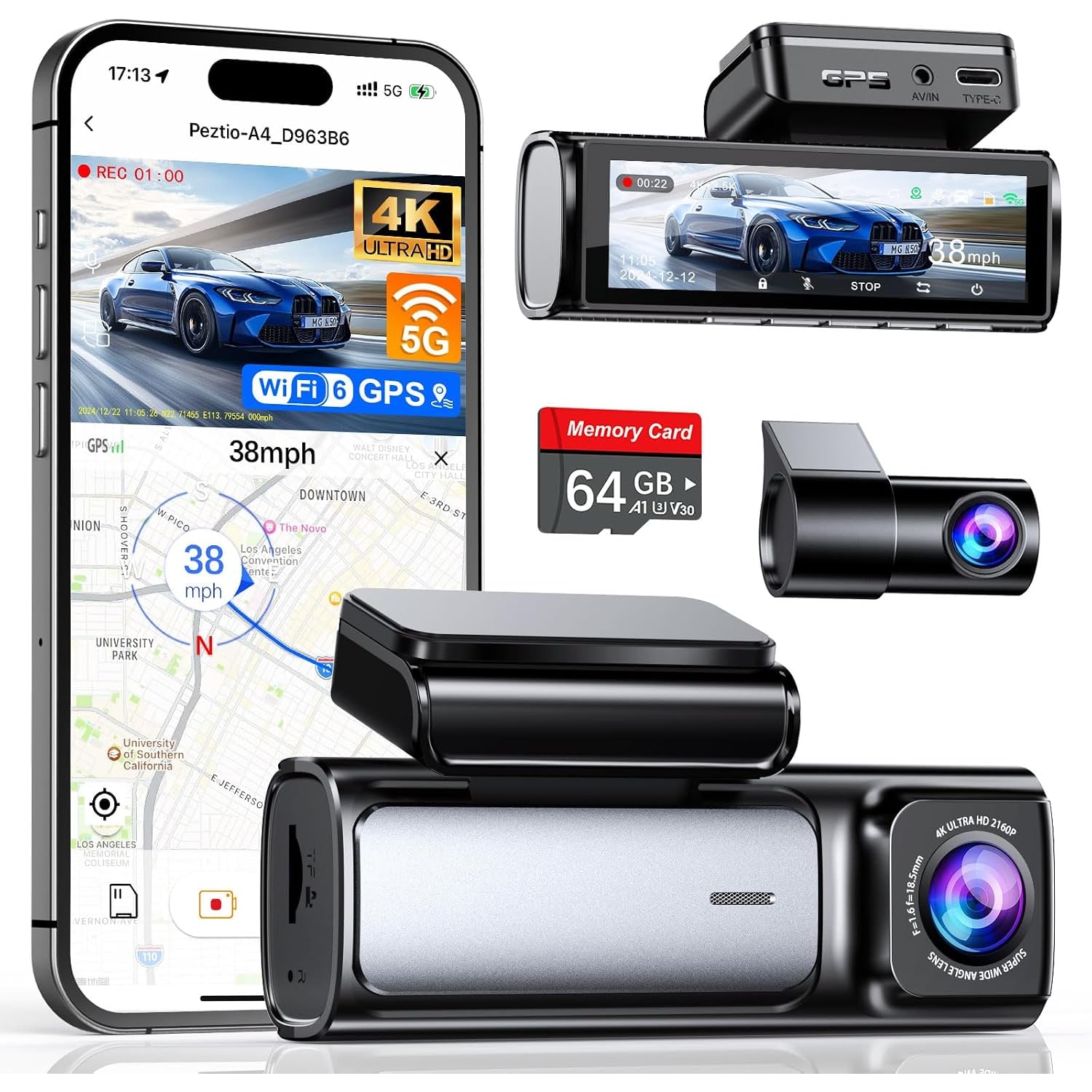 4K Dual Dash Cam with GPS, 5GHz WiFi and 64GB Card