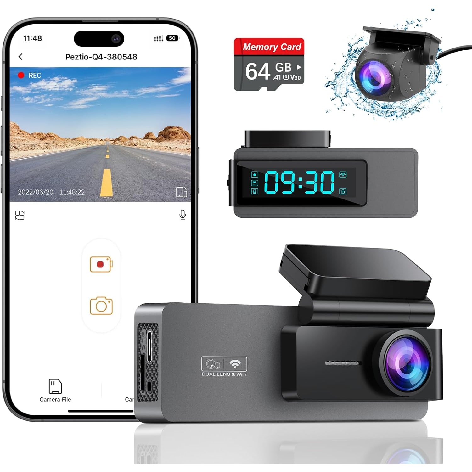 Front and Rear WiFi Dash Cam with 64GB Card