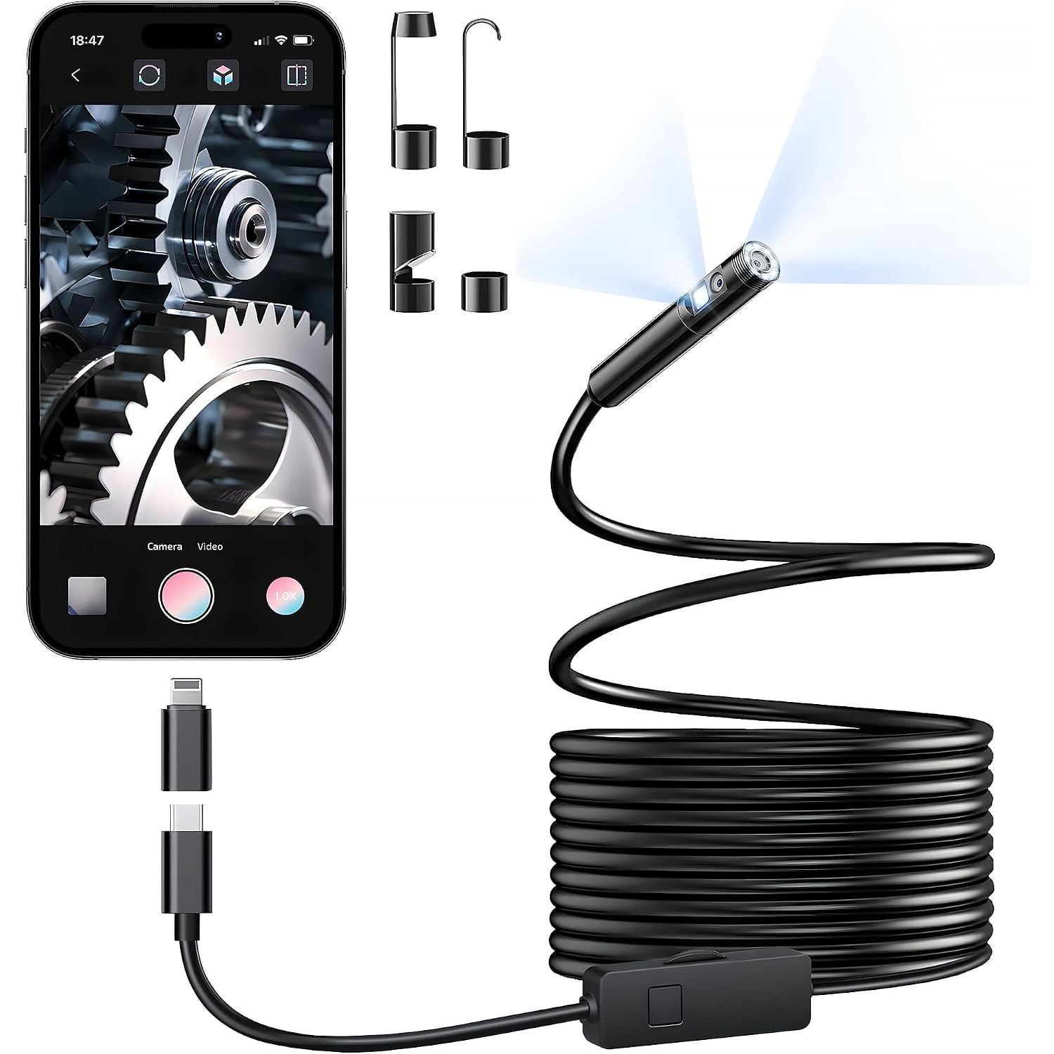 Dual Lens Endoscope 1920p with 8mm IP67 Probe and 5m Semi-Rigid Cable