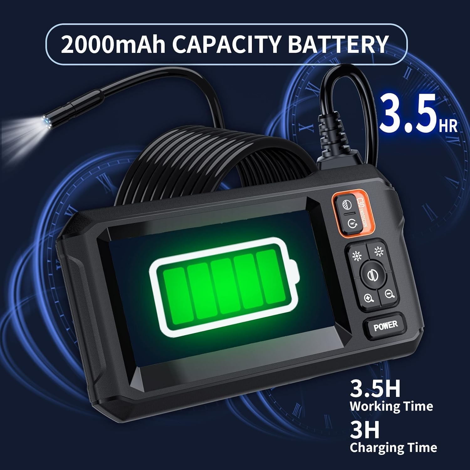 Endoscope Camera with 4.3 Inch Screen, 8mm Probe and 5m Semi-Rigid Cable