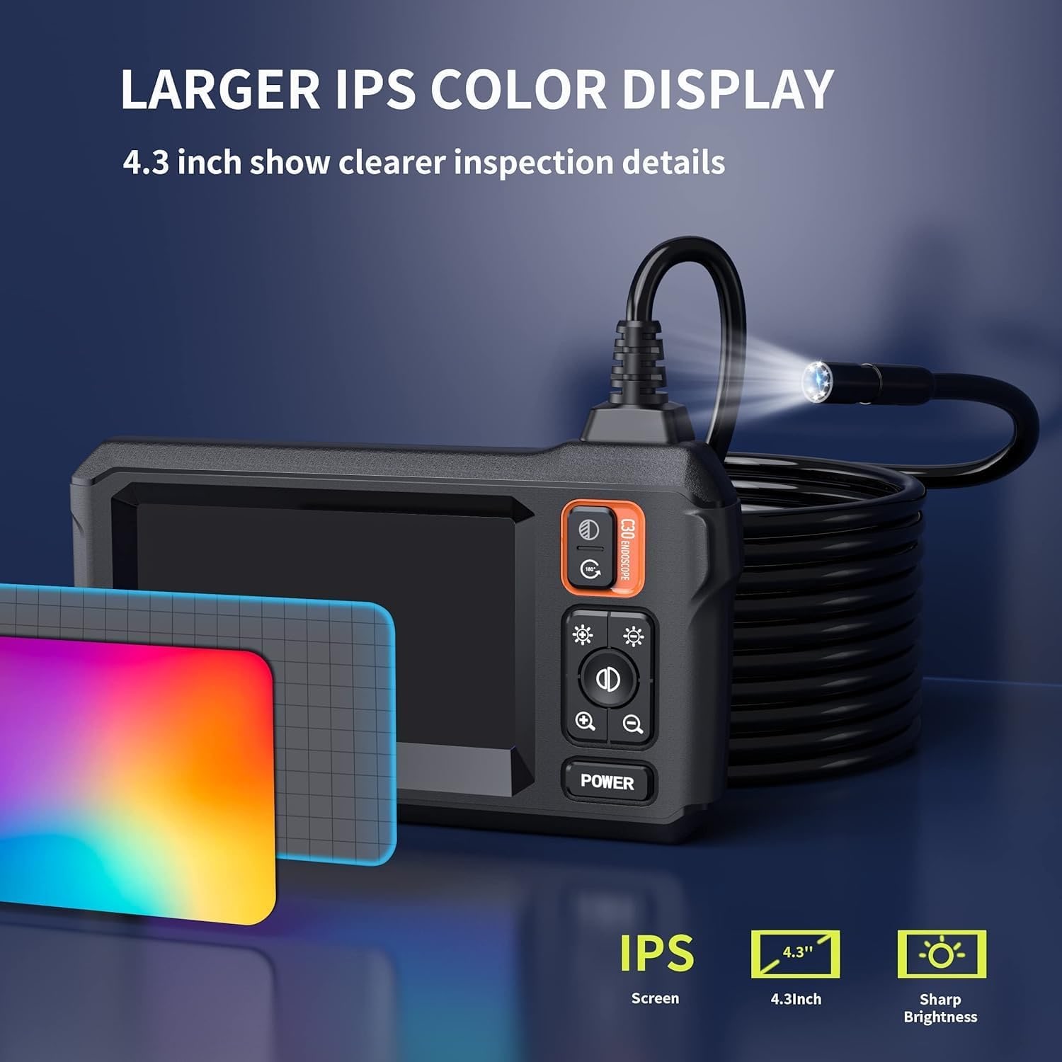 Endoscope Camera with 4.3 Inch Screen, 8mm Probe and 5m Semi-Rigid Cable