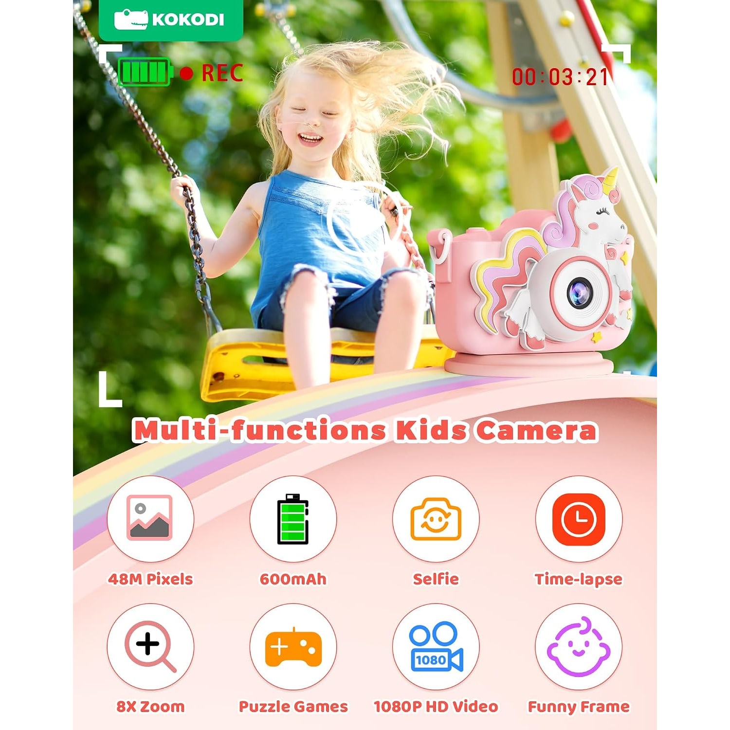 Kids Digital Camera with 1080p Video, Selfie Lens and Unicorn Case