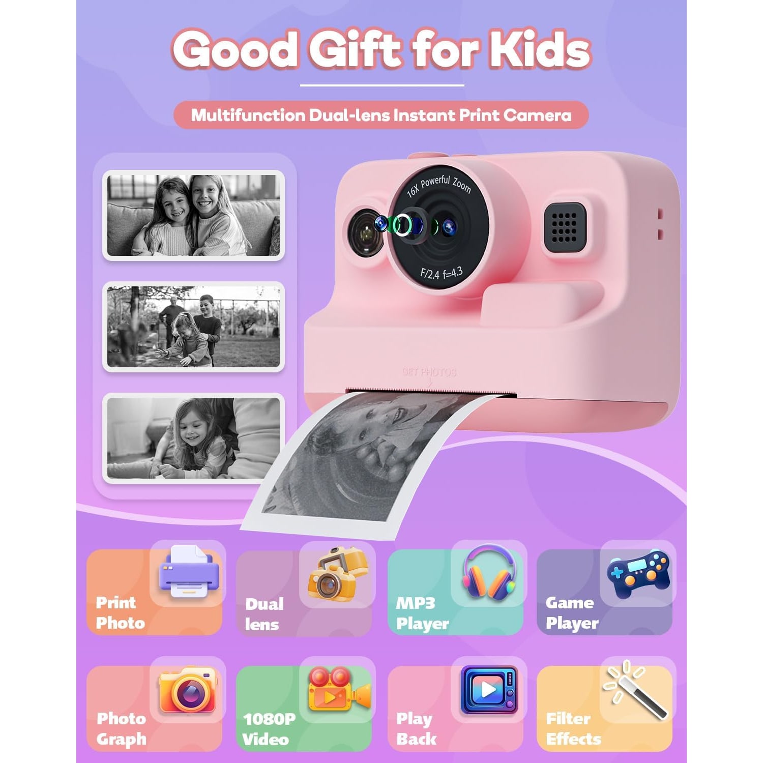 Kids Instant Print Camera with 1080p Video and 2.4 Inch Screen