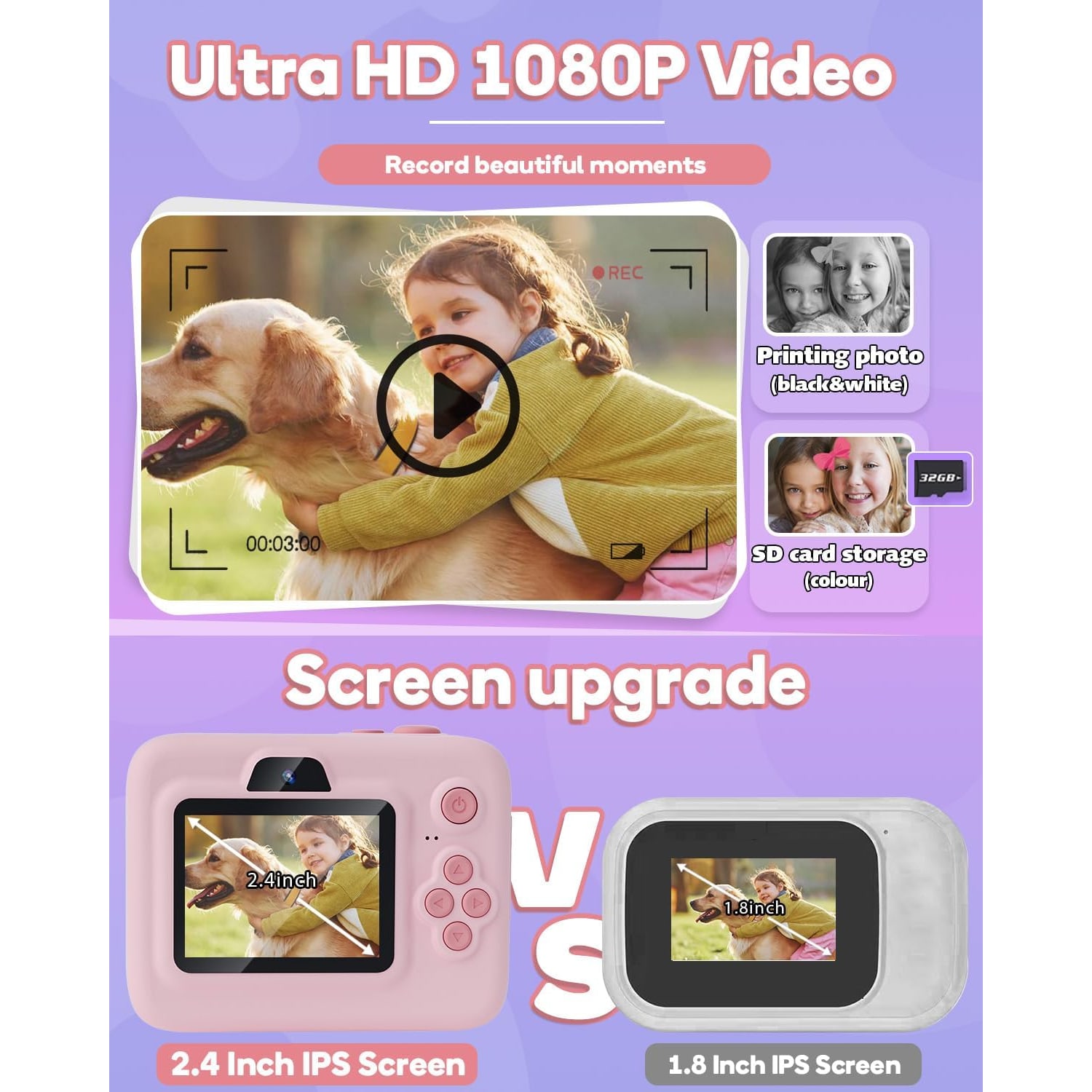 Kids Instant Print Camera with 1080p Video and 2.4 Inch Screen
