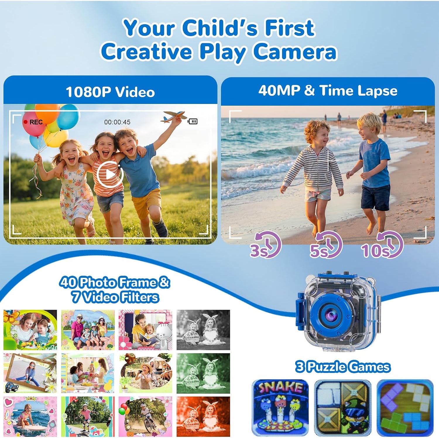 Kids Waterproof Action Camera with Dive Case and 1080p Video