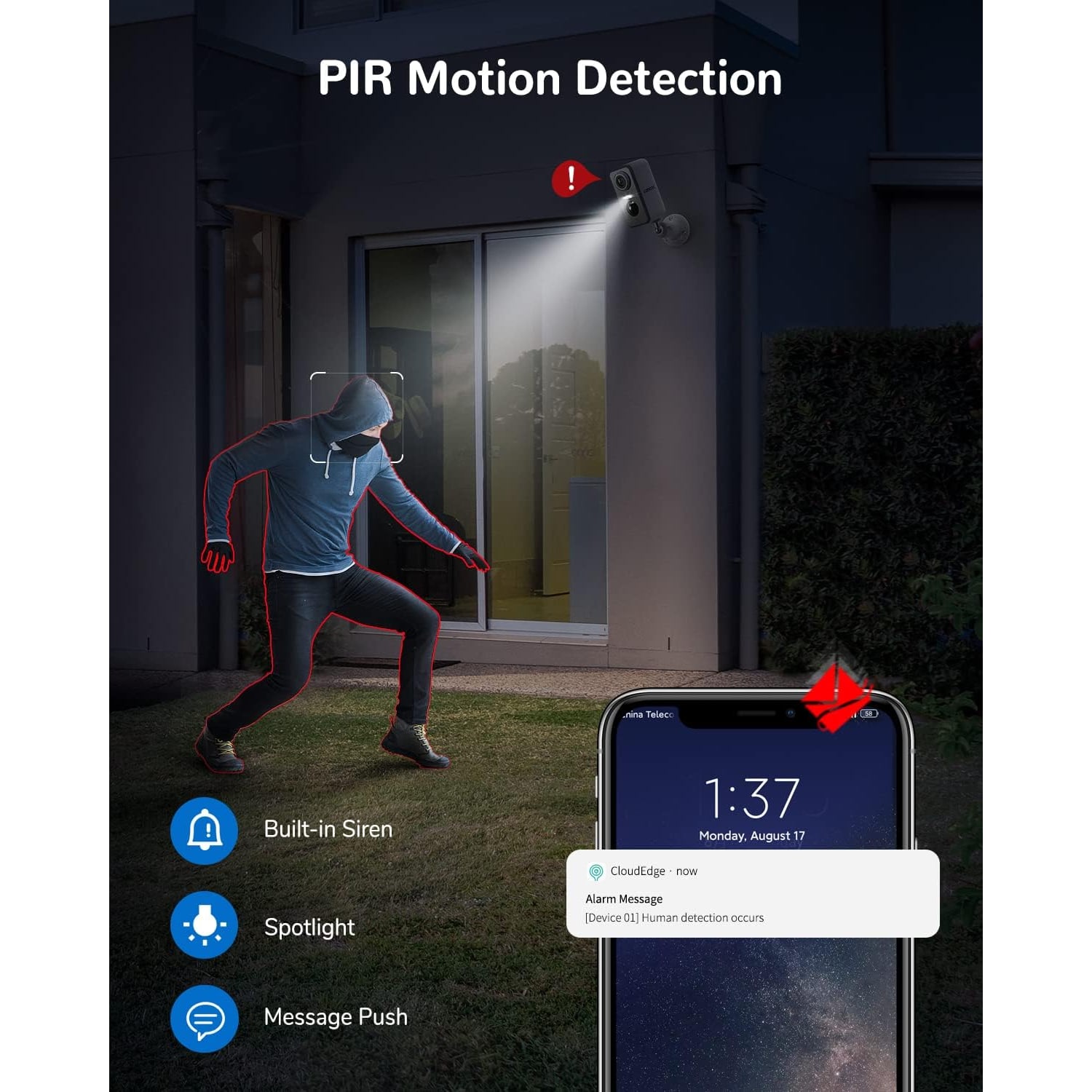 2K Battery Security Camera with Floodlight and Siren