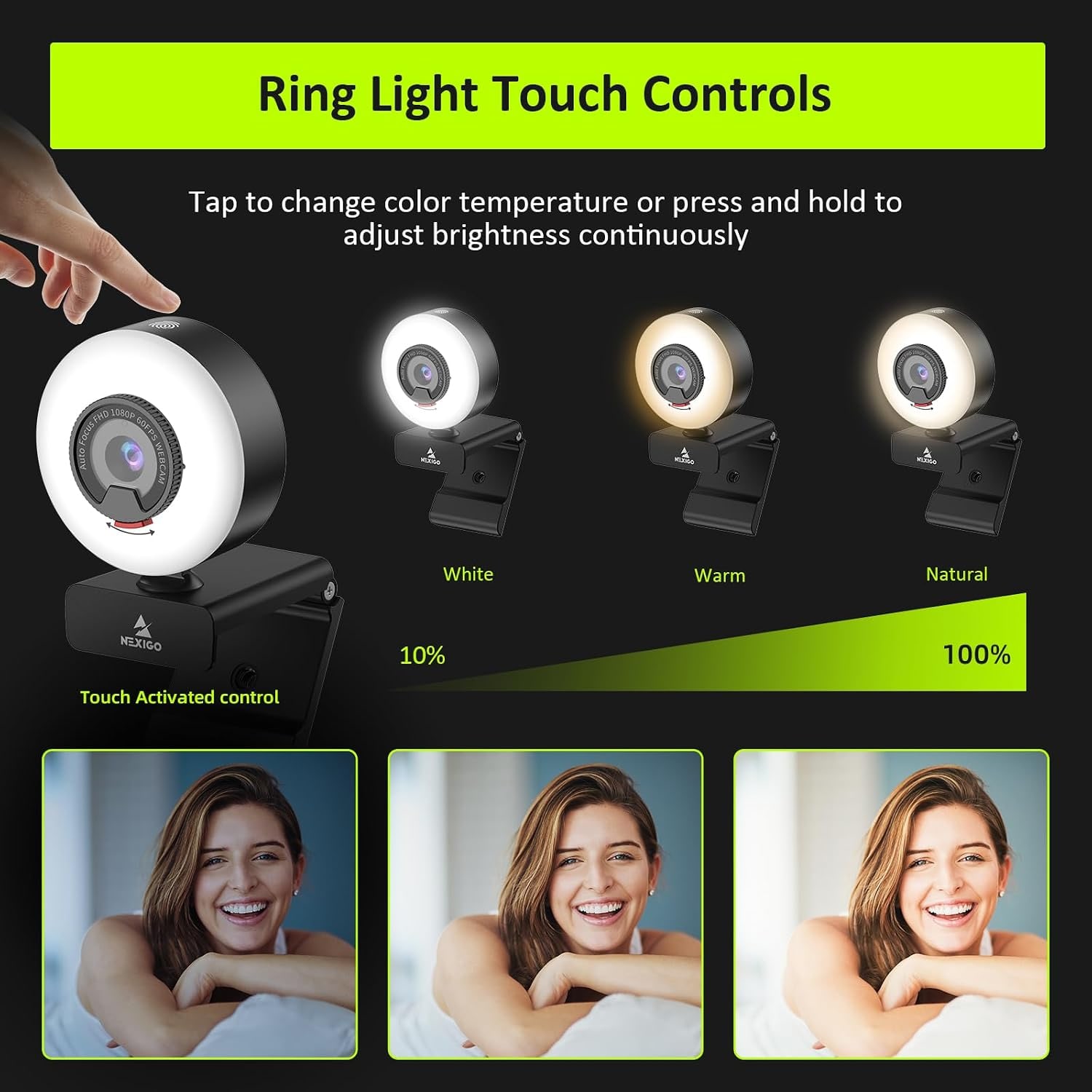 1080p 60fps Webcam with Ring Light, Autofocus and Privacy Cover