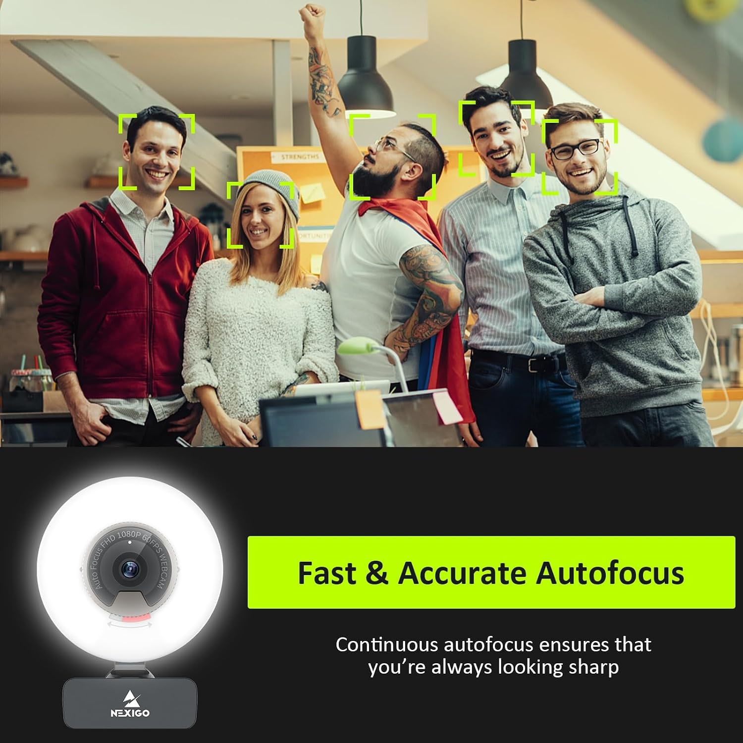 1080p 60fps Webcam with Ring Light, Autofocus and Privacy Cover